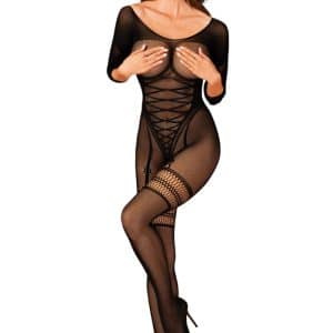 Sort bodystocking catsuit m. halve lukning