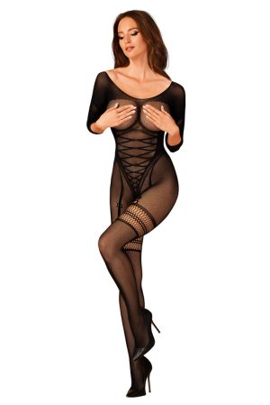 Sort bodystocking catsuit m. halve lukning