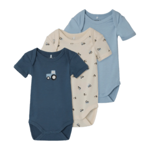 Name It 3pak Bodystocking i blå og hvid med traktorer til baby