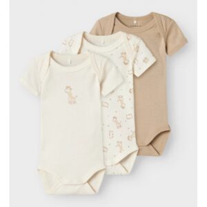 Name It 3-pak bodystockings i beige og hvid med giraffer til baby