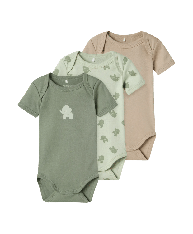 Name It 3-pak bodystockings i grøn med elefanter til baby
