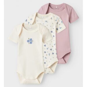 Name It 3-pak bodystockings i lyserød og hvid med blomster til baby
