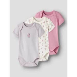 Name It 3-pak kortærmet body i lysegrå og pink med blomster til piger