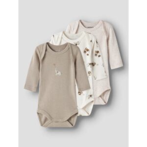 Name It 3-pak langærmet body i beige og creme med dyr til børn