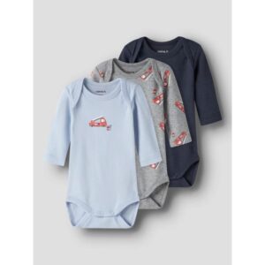 Name It 3-pak langærmet body i grå, lyseblå og navy med brandbiler til drenge