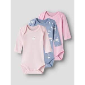 Name It 3-pak langærmet body i lyseblå og rosa med svaner til piger